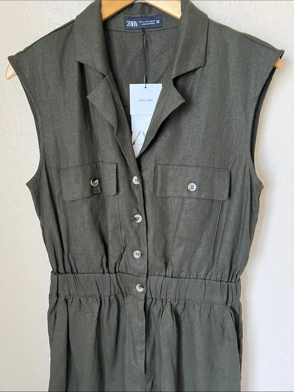 NWT Zara  dark khaki green linen blend utility jogger jumpsuit M